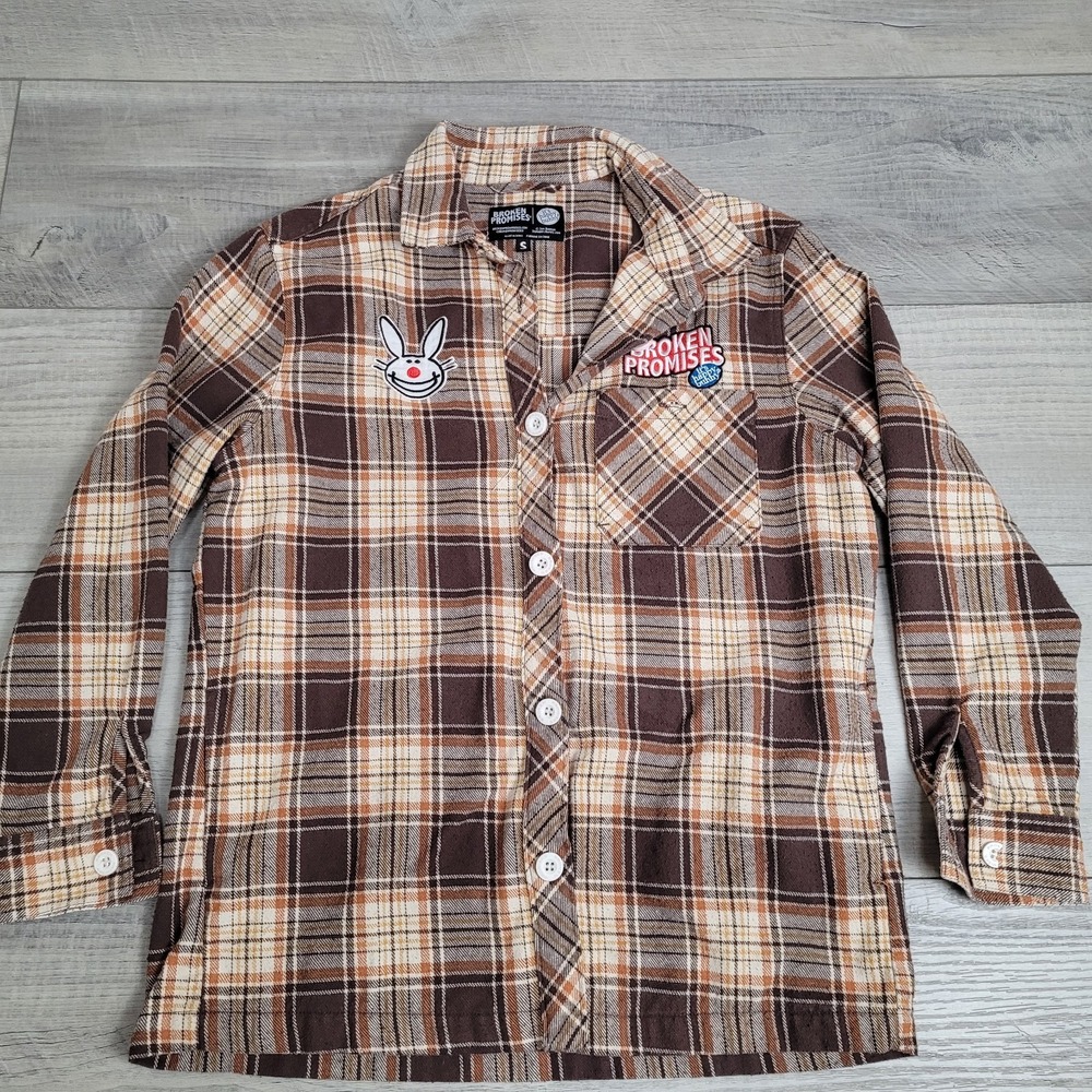 🐰Broken Promises x Happy Bunny Flannel Women's S Brown Plaid Graphic Y2K Art - Picture 3 of 16